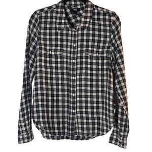 PAIGE Lancaster Plaid Button Up Shirt Women's Small Cotton Black White Flannel